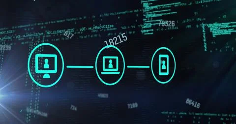 Three cyan user-device icons linking with horizontal lines over dark code and Stock-Fotos