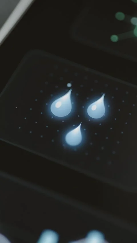 Three cyan water droplets glow together inside a rounded black utility button Stock Footage 343373942