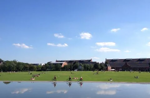 Three cyclists biking in a single file in a park in Amsterdam, the Netherlands Фото