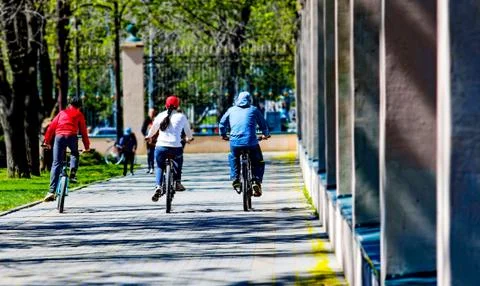 Three cyclists in the park Stock Photos