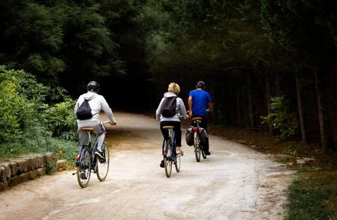 Three Cyclists in the Park Stock Photos