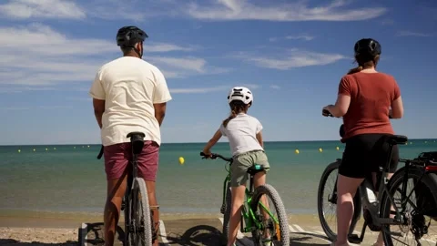 Three Cyclists Watching the Sea Together Stock Footage 346841325