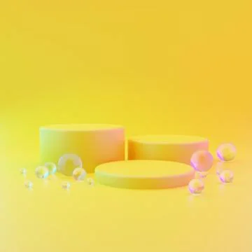 Three cylindrical geometric mockups of the podium on yellow illuminating Stock Illustration