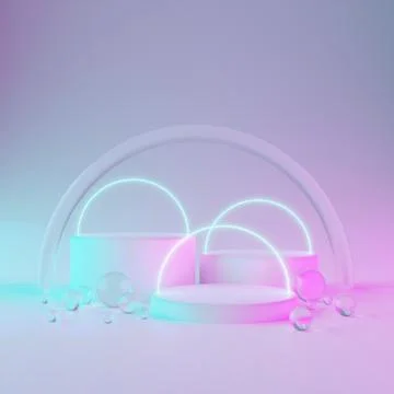 Three cylindrical geometric mockups podium on bright neon colored background Stock Illustration