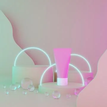 Three cylindrical geometric mockups podium and packaging cream on bright colored Stock Illustration