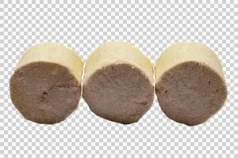 Three cylindrical pieces of raw, ground meat sausage, isolated against 库存照片