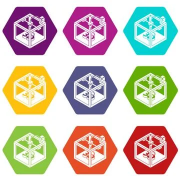 Three d printer icons set 9 vector Stock Illustration