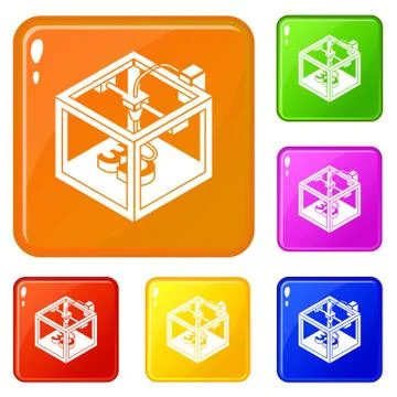Three d printer icons set color Stock Illustration