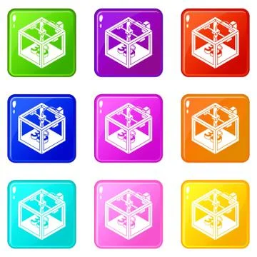 Three d printer icons set 9 color collection Illustrazione stock