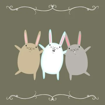 Three dancing rabbits on a pink background Stock Illustration