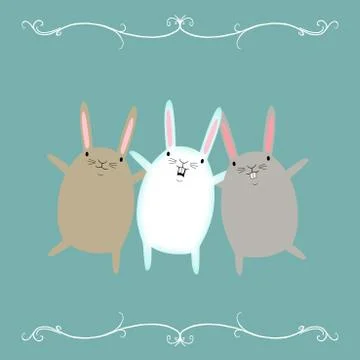 Three dancing rabbits on a pink background Stock Illustration