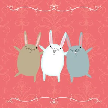 Three dancing rabbits on a pink background Stock Illustration