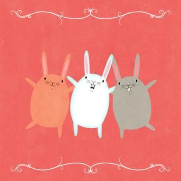 Three dancing rabbits on a pink background Stock Illustration