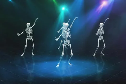 Three Dancing Skeleton in Smoke on a bright blinking scene, 3d illustration Stock Illustration