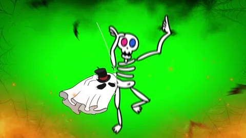 Three dancing skeletons with bats and cobwebs on a green background with fire 库存影片 340610663