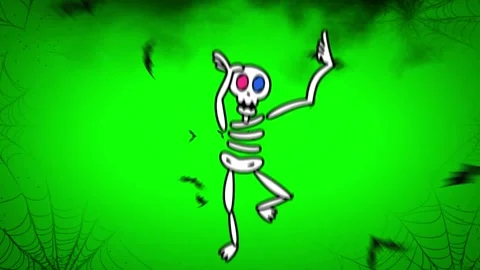 Three dancing skeletons with bats and spiderwebs on a green hazy background 動画素材 340610665