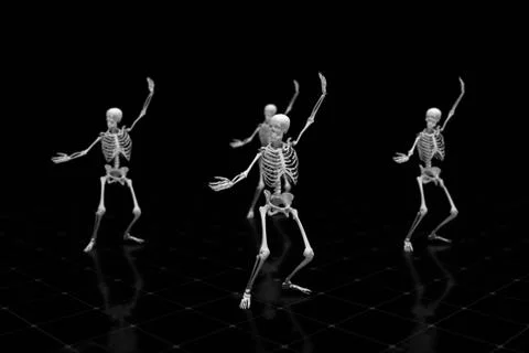Three dancing skeletons on an isolated black background with reflective floor イラスト素材