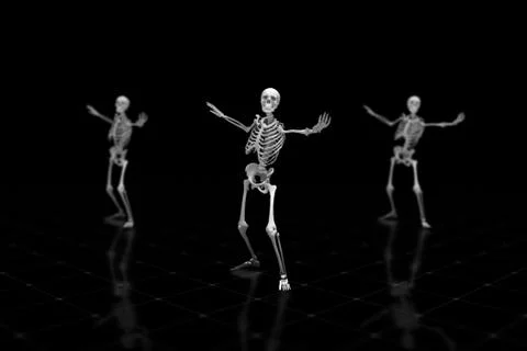 Three dancing skeletons on an isolated black background with reflective floor イラスト素材