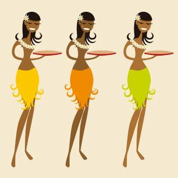 Three dancing smiling hawaian waitress isolated. Comic style. Stock Illustration