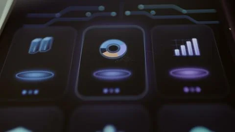 Three dark application tiles present a dashboard symbol, circular donut Stock Photos