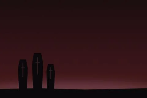 Three dark coffins with simple crosses placed on shadowy horizon for funera.. 库存插图