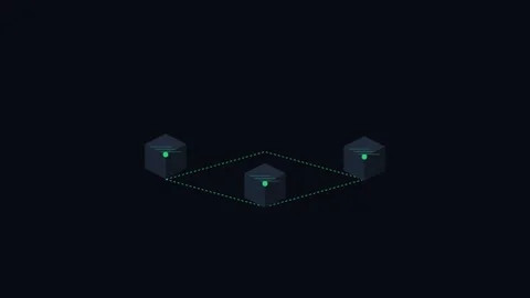 Three dark isometric cubes connected by a light green glowing network line Stock Footage 338310219