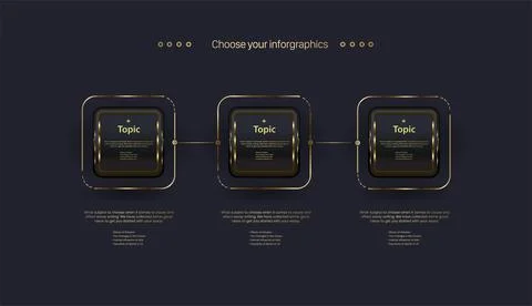 Three dark Luxury Steps buttons Infographic with FIVE options process, a gol Stock Illustration