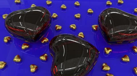 Three dark red and many small golden hearts on a blue reflective surface.  Stock Illustration