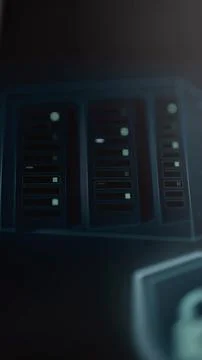Three dark server cabinets display horizontal slots and scattered green 库存照片