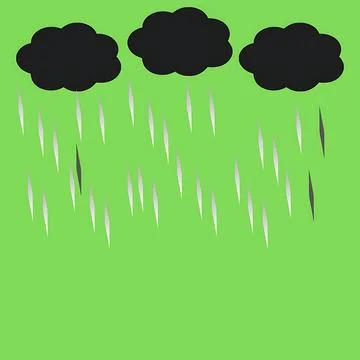 Three dark storm clouds releasing white raindrops against a bright green ba.. Stock Illustration
