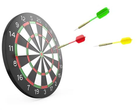Three darts arrows flying into board Stock Illustration
