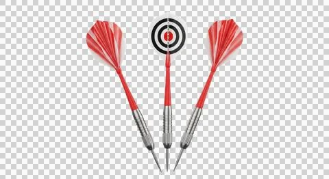 Three darts with different colored flights hitting a dartboard target isola.. Stock Photos
