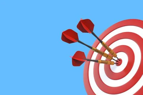 Three darts hitting a red target on the center on blue background Stock Illustration