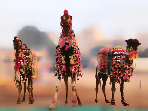 Three decorated camel ready for camel ride or safari , desert ship Foto stock