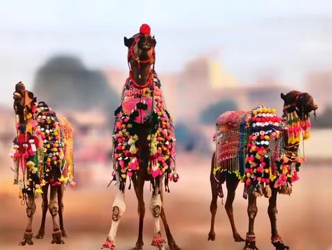 Three decorated camel ready for camel ride or safari , desert ship Stock Photos