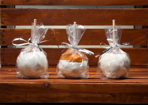 Three decorative carmel apples Stock Photos
