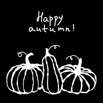 Three decorative pumpkins with curly stems on a black background, celebrating Stock Illustration