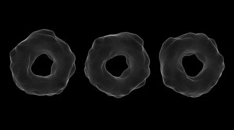 Three deformed circle shapes. Black background, white grid. 3d render. Stock Illustration
