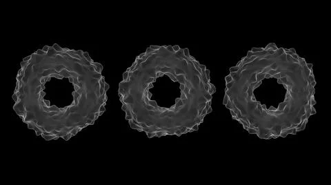 Three deformed circle shapes. Black background, white grid. 3d render. Stock Illustration