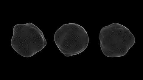 Three deformed spheres. Black background, white grid. 3d render. Stock Illustration