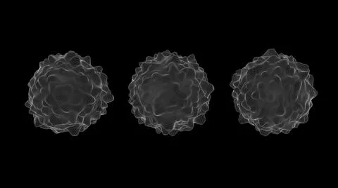 Three deformed spheres. Black background, white grid. 3d render. Stock Illustration