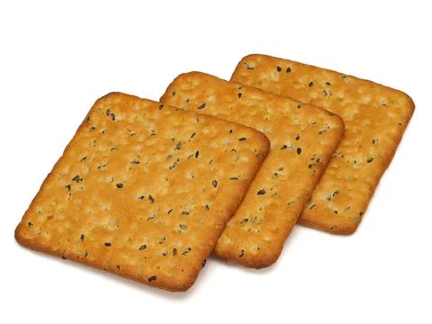 Three delicious crackers on white background, top view Stock Photos