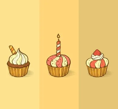 Three delicious yummy vector cupcakes with sprinkles, berry chips, strawberry Stock Illustration
