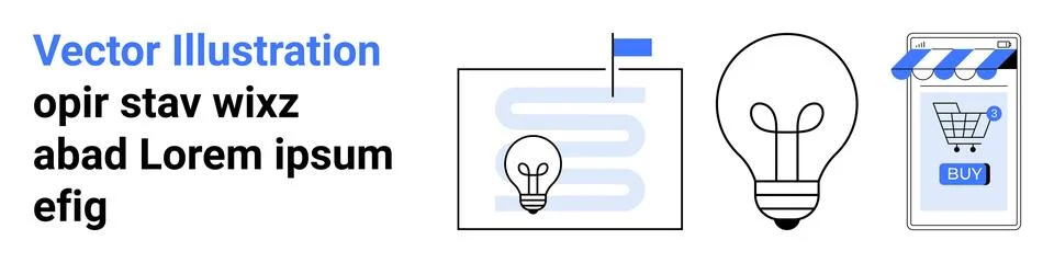 Three design elements featuring a document analysis, a light bulb representin Stock Illustration