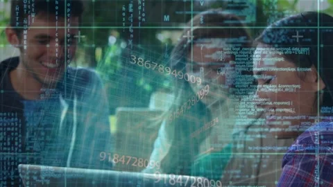 Three developers opening laptop on bench in patio causing animated tech flow Stock Footage 320127996
