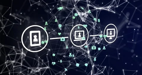 Three devices focusing, drawing links, routing green icons through tech network Stock Footage 333965180