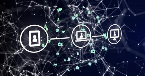 Three devices focusing, drawing links, routing green icons through tech network Stock Illustration