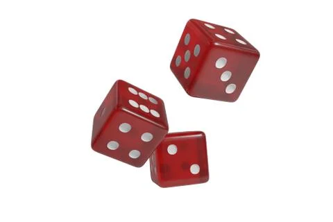 Three dice falling down isolated on white background. 3D rendered illustratio Illustrazione stock