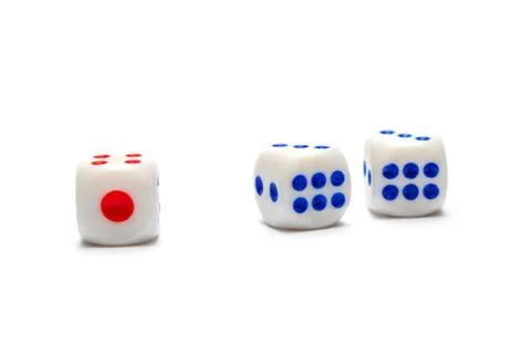 Three dice, one red and two blue on a white background. isolate Stock Photos