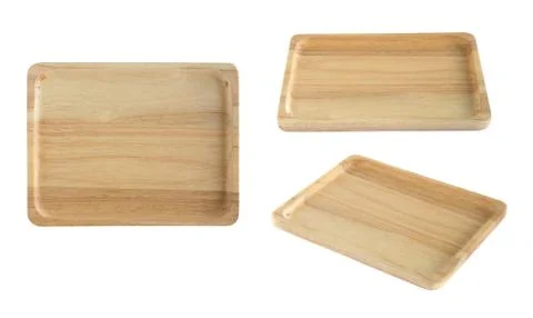 Three different angle view of wooden tray isolated on white background Stock Photos